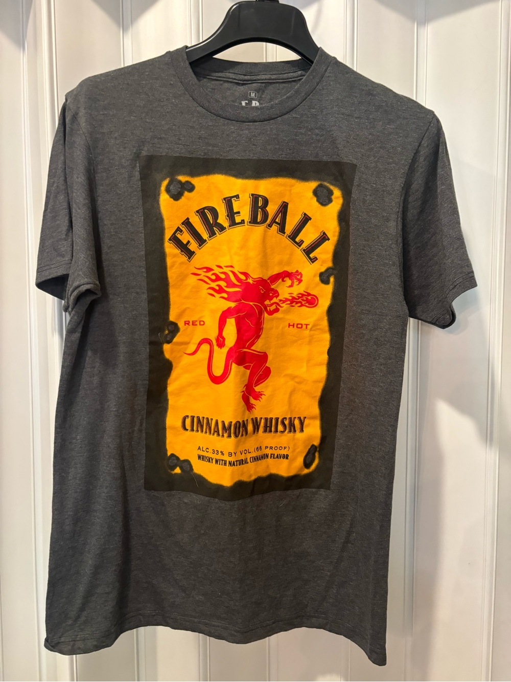 Fireball Cinnamon Whisky Graphic Tee - Grey with Yellow & Red Print Size Medium